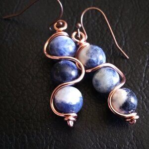 Handmade! Blue Sodalite w. Copper Wire Wave Wrap Dangle Earrings 4 Jeans Lovers